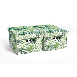 Dwa kartonowe pudełka t.b.t. z zielonym motywem liści. Idealne do przechowywania.