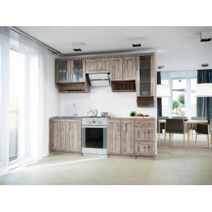 Zestaw mebli kuchennych t.b.t. w drewnianym stylu z szafkami wiszącymi i stojącymi, zlewozmywakiem i kuchenką.