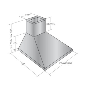 Rysunek techniczny okapu ściennego t.b.t. z wymiarami.