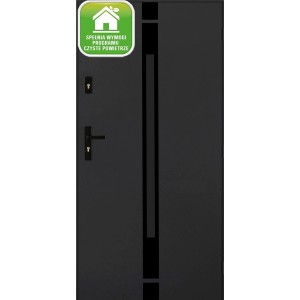 Szare drzwi zewnętrzne z wąskim, pionowym przeszkleniem i czarną klamką.