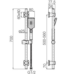 Rysunek techniczny zestawu prysznicowego z wymiarami. Idealny do planowania nowej łazienki.