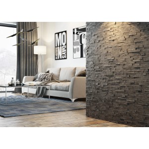 Salon z okładziną ścienną wykonaną z ciemnych kamieni dekoracyjnych t.b.t.