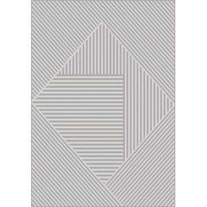 Nowoczesny szary dywan z geometrycznym wzorem w paski.