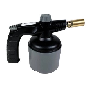 Palnik lutowniczy z czarną rączką i szarym pojemnikiem. Idealny do lutowania.