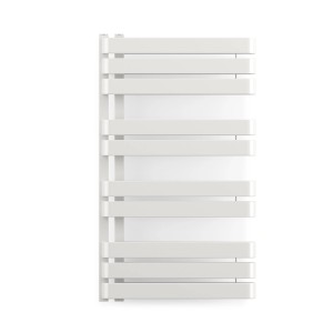 Biały grzejnik t.b.t. z poziomymi rurkami do łazienki lub salonu.