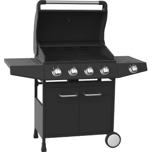 Czarny grill gazowy z czterema palnikami, półkami bocznymi i szafką.