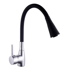 Bateria jednouchwytowa z czarną, elastyczną wylewką i chromowaną armaturą.