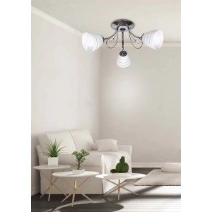 Nowoczesna lampa sufitowa z chromowaną ramą i białymi kloszami. Idealna jako lampa do salonu.
