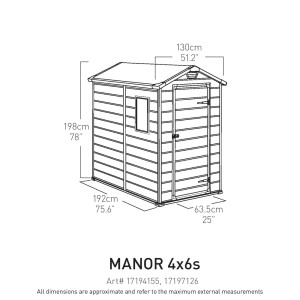 Szkic szarego domku narzędziowego z tworzywa sztucznego Keter 2,17 m² z wymiarami wysokości, szerokości i głębokości.