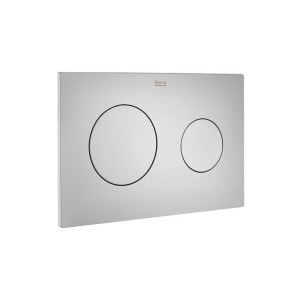 Srebrny przycisk spłukujący do WC z dwoma okrągłymi przyciskami.