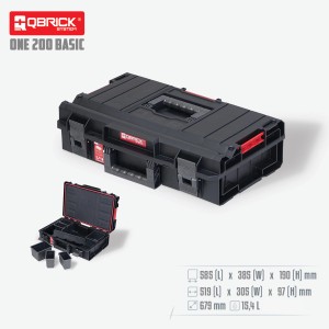 Qbrick ONE 200 Basic skrzynka narzędziowa, czarna, z wyjmowaną wkładką i akcesoriami.