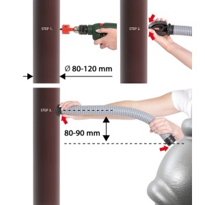 Instrukcja montażu przyłącza do beczki na deszczówkę: Wierć, włóż, gotowe.