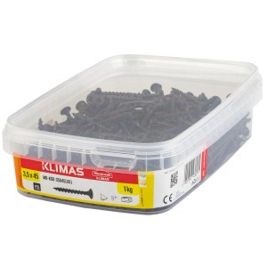 Czarne wkręty 3,5x45 mm w przezroczystym pojemniku do płyt gipsowo-kartonowych.