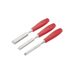 Zestaw dłut Ellix, 3-częściowy z czerwonymi plastikowymi uchwytami, rozmiary 12, 18, 24 mm.