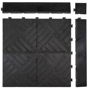 Czarne płytki tarasowe t.b.t. z akcesoriami do użytku zewnętrznego.