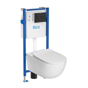 Zestaw WC wiszącego ze spłuczką i przyciskiem.