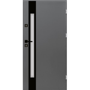 Szare drzwi zewnętrzne z czarnym akcentem i wąską wstawką szklaną.