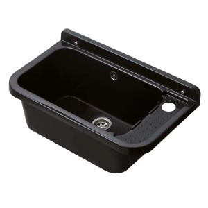 Czarny zlew ze stali nierdzewnej, montowany na powierzchni.