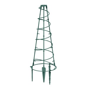 Zielona metalowa podpórka do roślin, spiralny wzór, akcesorium do doniczek.