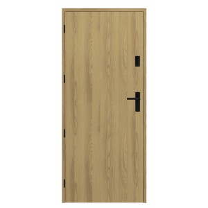 Nowoczesne drzwi wewnętrzne o wyglądzie drewna z czarną klamką. Idealne do każdego pomieszczenia.