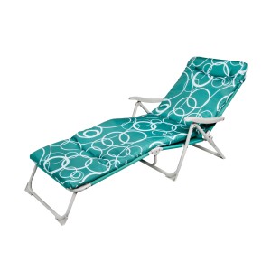 Zielony leżak ogrodowy z białym wzorem, regulowany i wygodny.