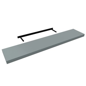 Szara półka ścienna z czarnym wspornikiem. Idealna do montażu na ścianie.