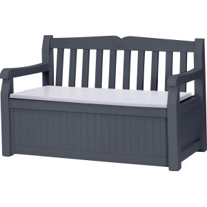 Antracytowa ławka ogrodowa Keter ze schowkiem dla 2 osób.