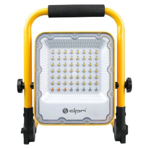 Żółty reflektor LED t.b.t. z uchwytem i podstawą.