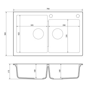 Rysunek techniczny zlewozmywaka granitowego t.b.t. z wymiarami.