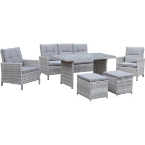 Szary zestaw mebli ogrodowych z sofą, fotelami, stołem i stołkami. Idealny na taras i do ogrodu.