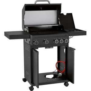 Czarny grill gazowy z półkami bocznymi i szafką.