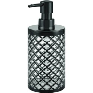 Czarny dozownik do mydła we wzory do akcesoriów łazienkowych.