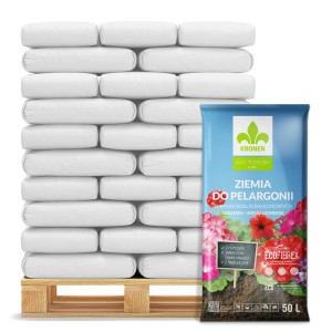 Paleta ziemi do pelargonii i roślin balkonowych, worek 50L na pierwszym planie.