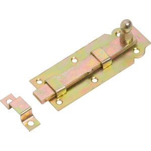 Żółty ocynkowany rygiel okienny z gałką, 120x45 mm, do zabezpieczania okien.