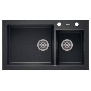 Czarny zlewozmywak granitowy t.b.t. z dwiema komorami i okrągłymi odpływami.