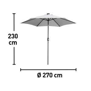Szary parasol Wando Ø 270 cm z korbą, LED i wymiarami.
