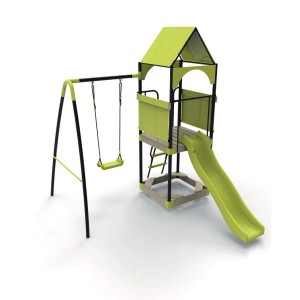 Zielony plac zabaw z huśtawką i zjeżdżalnią do ogrodu.