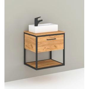 Nowoczesny zestaw mebli łazienkowych t.b.t. z umywalką, szafką w kolorze drewna i czarną ramą.