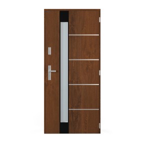 Nowoczesne drzwi zewnętrzne w kolorze drewna z szybą i srebrnymi akcentami.