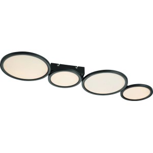 Nowoczesny LED Plafony: Czarna lampa sufitowa z czterema okrągłymi powierzchniami świetlnymi.