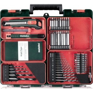 Zestaw akcesoriów do wiertarko-wkrętarki akumulatorowej Metabo PowerMaxx BS Basic w walizce z bitami, wiertłami i nożem.