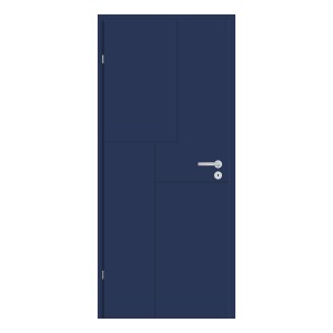 Niebieskie drzwi wewnętrzne z srebrną klamką i nowoczesnym designem.