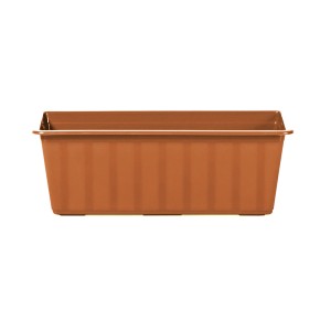 Brązowa plastikowa skrzynka na kwiaty t.b.t. do ogrodu lub na balkon.