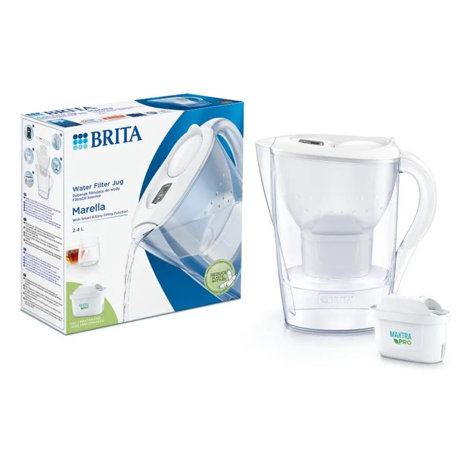 Dzbanek filtrujący Brita Marella z wkładem filtrującym i opakowaniem.