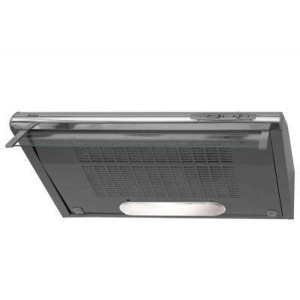 Srebrny okap płaski t.b.t. z wbudowanym oświetleniem.