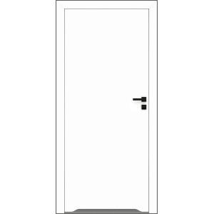 Białe drzwi wewnętrzne z czarną klamką.