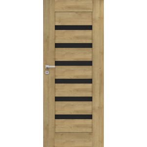 Nowoczesne drzwi wewnętrzne w kolorze drewna z czarnymi paskami szkła i klamką.