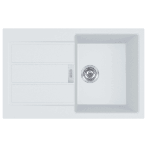 Biały zlewozmywak granitowy t.b.t. z ociekaczem i komorą.