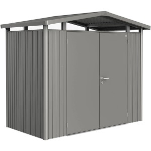 Metalowy domek ogrodowy Biohort Panorama w kolorze szary kwarc z podwójnymi drzwiami. Domki ogrodowe do przechowywania na zewnątrz.