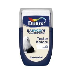 Tester farby Dulux Easycare w kolorze niebieskim z próbką koloru "Sita wanilii".